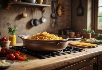 Traditional Italian pasta cooking on stovetop in rustic ceramic kitchen,  homemade food,  kitchen utensils