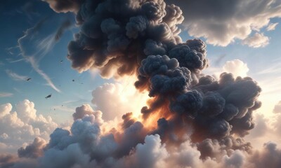 Towering smoke clouds dominate the sky with wispy tendrils and soft focus effect,  atmosphere,  nature,  landscape