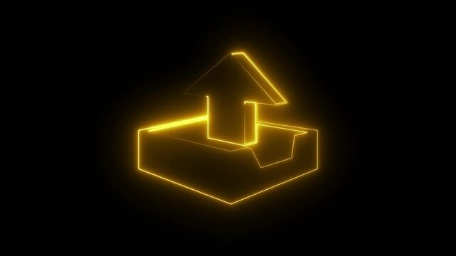 Animation of neon data export icon on black background. Abstract Gold color neon file export icon animation