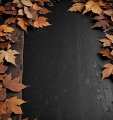 Wooden plank on black background with a few scattered leaves,  wooden planks,  earthy
