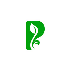 Letter P logo with Leaf plant in natural green color design concept