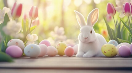 A charming white rabbit surrounded by colorful Easter eggs and blooming flowers in a sunny garden setting.