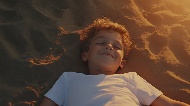 Young boy lies peacefully on sand. Golden sunlight bathes him as he rests. A moment of beachside tranquility.