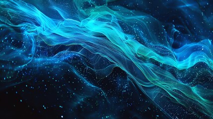 Fototapeta premium Abstract digital art of flowing blue and green light with glowing particles.