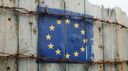 European flag artwork with barbed wire on wooden fence.