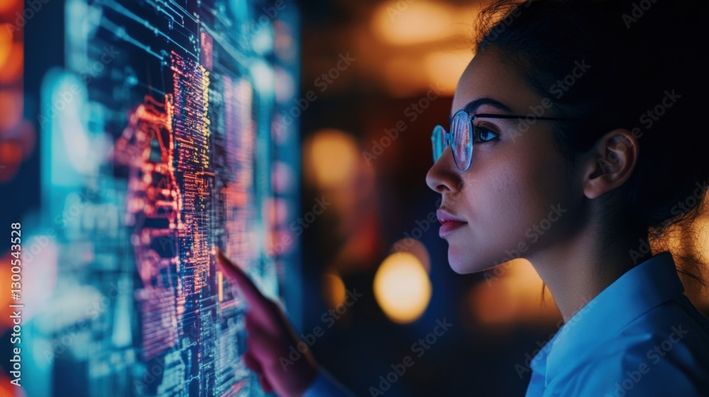 Poster young woman software engineer with glasses analyzing and touching futuristic glowing source code dis