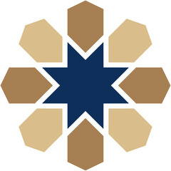 Geometric starburst design with earthy tones surrounding central navy star against white backdrop. Symmetry and balance are present.