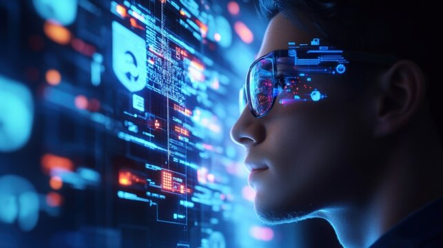 An overtheshoulder view of a professional gazing at the futuristic device which has a translucent interface showcasing detailed facial recognition analytics. The design features sleek