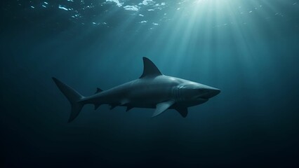 Naklejka premium Shark Swimming in Deep Blue Ocean: Sleek and Powerful in Moody Underwater Light