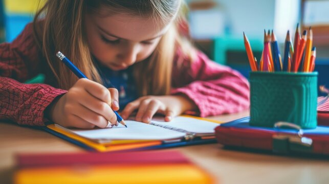 A child writing in a notebook, with textbooks and a pencil case on their desk in a vibrant primary school classroom.