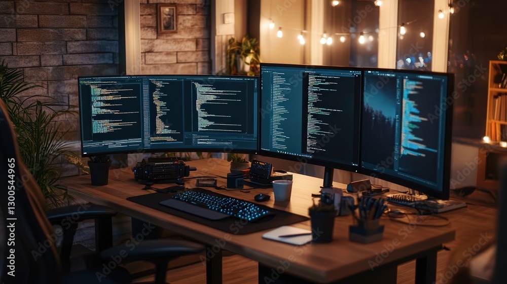 Poster home office where an it developer is focused on coding software applications, testing updates,