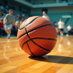 Naklejka premium Close-up of hardwood maple basketball in mid-air motion, movement, focus