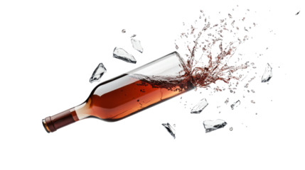 Broken pieces of red wine bottle isolated on white background