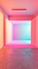 Neon-lit minimalist room; vibrant pink and teal hues illuminate concrete floor