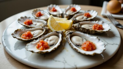 Fototapeta premium Fresh Oysters on Plate with Lemon Slice and Spicy Red Topping for Seafood Lovers