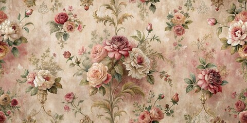 Distressed floral wallpaper with old-world charm and intricate patterns of roses and carnations on a faded pink background , eerie ambiance , spooky atmosphere