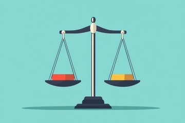 Balanced Scale with Red and Yellow Weights on Light Blue Background