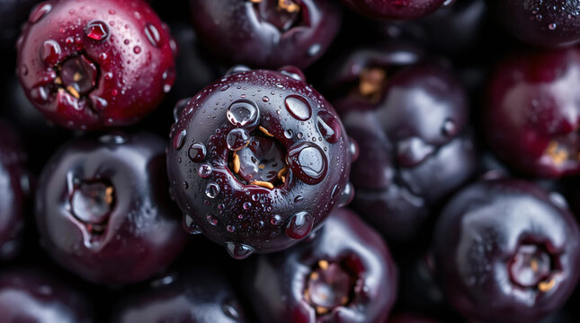 Fresh acai berry fruits, with water drops over it, closeup macro detail.