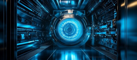 Futuristic blue glowing portal in a high-tech room.