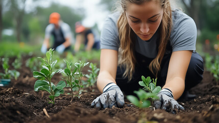 On a bright afternoon, dedicated volunteers work together, planting native trees to restore a damaged ecosystem in a community park, showcasing their commitment to environmental rejuvenation