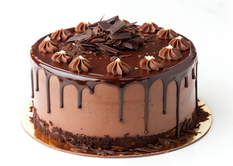 A rich, decadent chocolate cake made with dark Belgian chocolate, covered in ganache cream and dripping with a glossy glaze, isolated on a white background.
