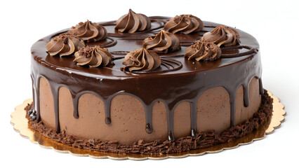 A rich, decadent chocolate cake made with dark Belgian chocolate, covered in ganache cream and dripping with a glossy glaze, isolated on a white background.