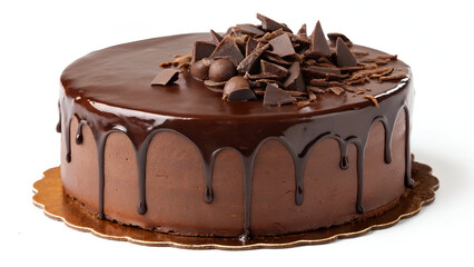 A rich, decadent chocolate cake made with dark Belgian chocolate, covered in ganache cream and dripping with a glossy glaze, isolated on a white background.