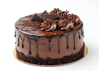 A rich, decadent chocolate cake made with dark Belgian chocolate, covered in ganache cream and dripping with a glossy glaze, isolated on a white background.