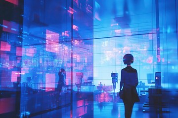 a futuristic ai office scene with holographic displays and robotic assistants bathed in cool blue light humans and ai working seamlessly together