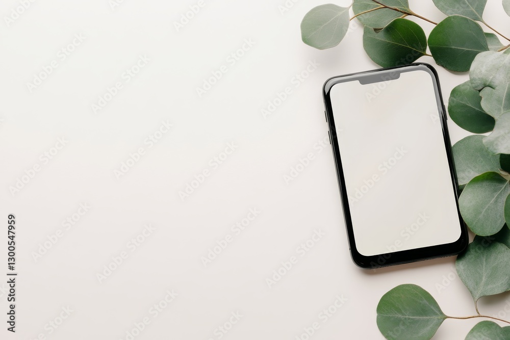 Poster a sleek black smartphone with a blank screen rests on a glossy white desk next to a minimalist green