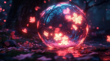 Glowing Sphere With Illuminated Cherry Blossoms In Dark Forest