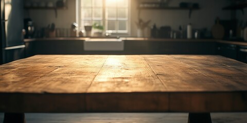 beautiful empty wooden tabletop counter in a clean and bright kitchen interior, ready for displaying a product or food montage
