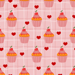Сupcakes with Red hearts on grid cell checkered seamless pattern, pastry Valentines day texture