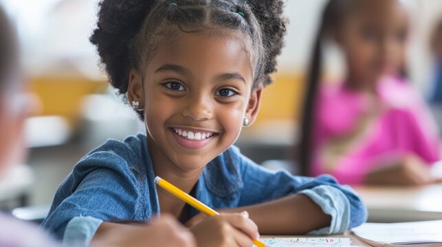 A young girl hair bonze student sitting at a desk with a bright smile, holding a pencil and working on a math problem in an elementary classroom. - Powered by Adobe