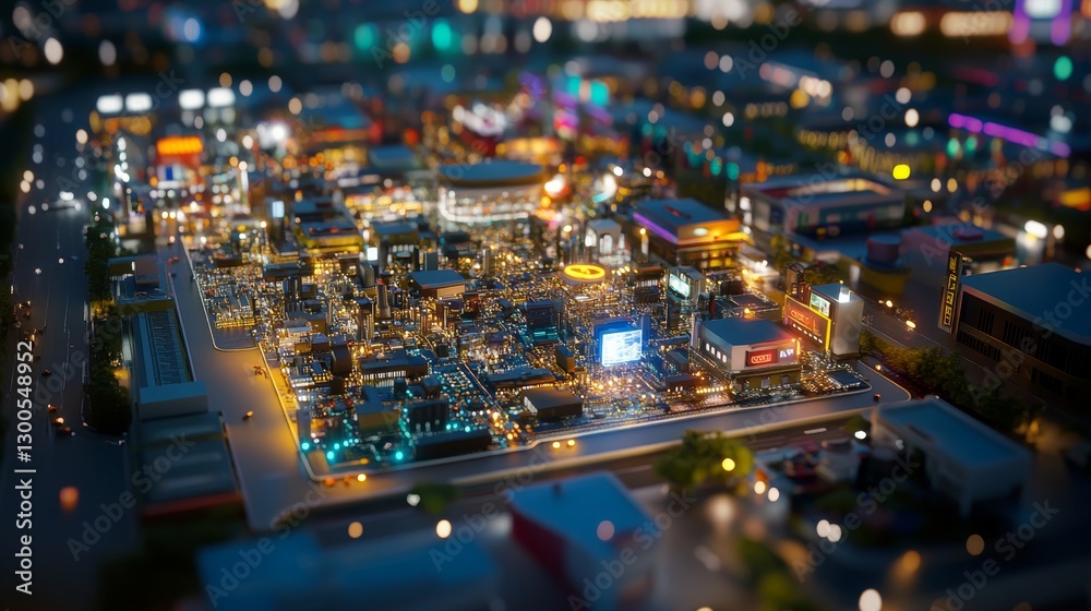 Poster Close-up perspective captures a circuit board illuminated by blue and green LEDs, accentuating its intricate details and offering space for additional text or graphics