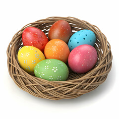 Fototapeta premium rustic easter charm vibrant multicolored eggs nestled in a classic wicker bowl surrounded by festive decorative elements isolated on white background