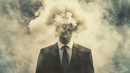 Businessman engulfed in smoke, symbolizing stress and uncertainty.