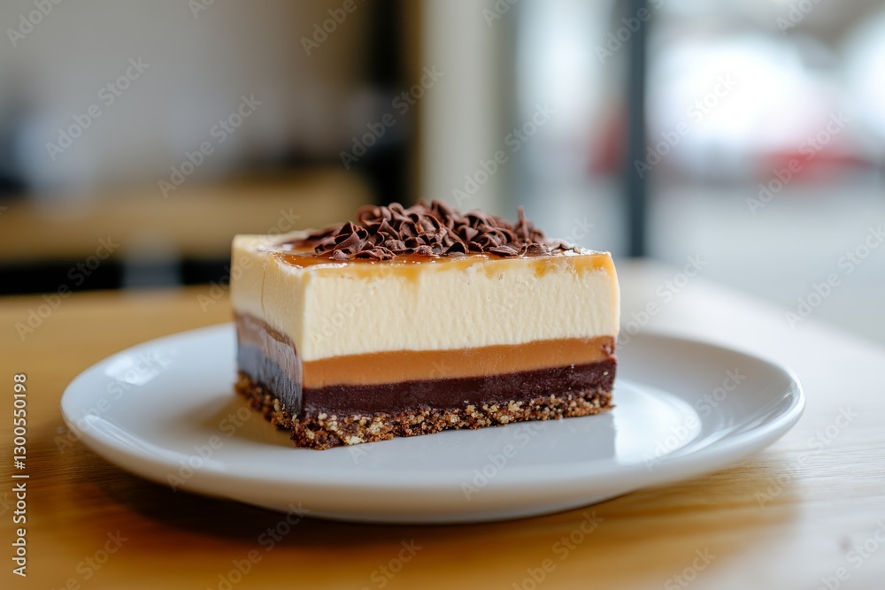 Poster decadent dessert features multiple rich layers of chocolate and cream, elegantly topped with caramel