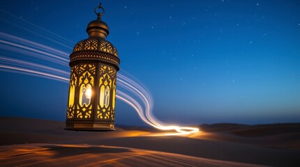 Fototapeta premium Glowing Ramadan Lantern in Desert Night Sky