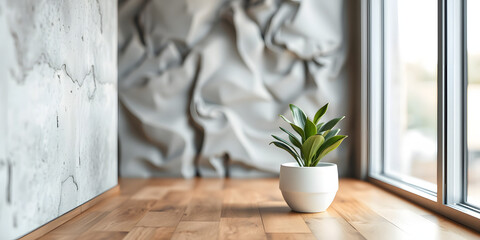 minimalist mockup of a white wall adorned with a vibrant green plant on a polished wood floor,split-color background wall creating a lively and cheerful atmosphere of modern interior design.