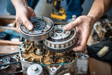 Motorcycle mechanic working on the repair of a motorcycle engine ,working at garage, maintenance,...