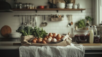Fototapeta premium minimalist kitchen space with a neatly arranged grocery bag showcasing organic vegetables, farm eggs, and homemade jam