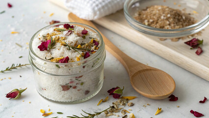 Decorative Jar of Natural Bath Salt with Dried Flowers and Leaves on Countertop