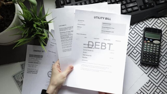 Hands with utility bills top view, overdue notice and debt warning, financial document and late fees