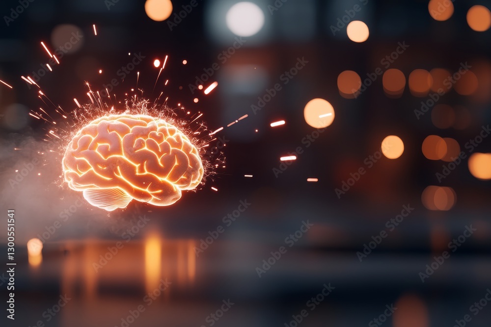 Aufkleber a glowing brain emits sparks and smoke in a captivating close-up, surrounded by soft light that enha