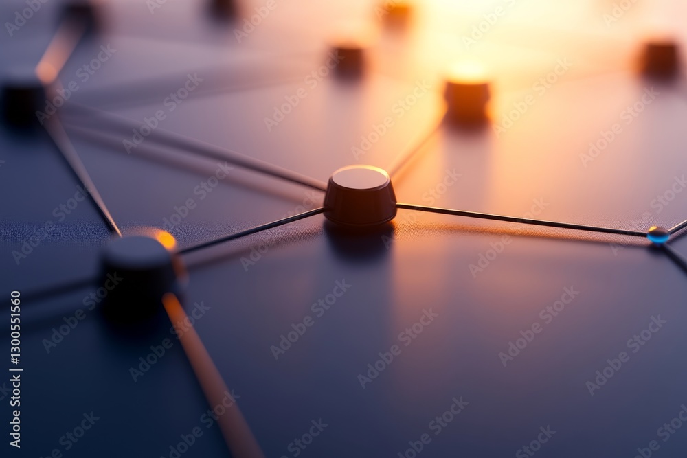 Aufkleber Close-up view of bright nodes linked by data streams, showcasing the dynamic essence of global connectivity and technological innovation with vibrant light effects