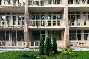 Facade of an old building. Soviet-era apartment building.