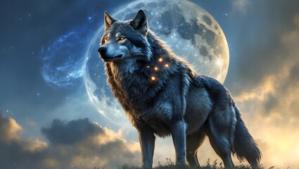 Majestic Wolf Under Full Moon with Starry Night Sky in Ethereal Landscape