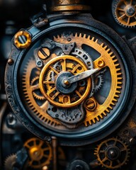 Fototapeta premium Intricate Close-Up of Vintage Clock Mechanism with Gears and Cogs in Gold and Black Tones