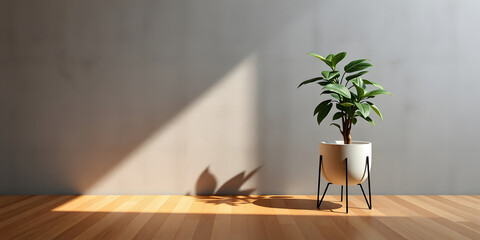 minimalist mockup of a white wall adorned with a vibrant green plant on a polished wood floor,split-color background wall creating a lively and cheerful atmosphere of modern interior design.